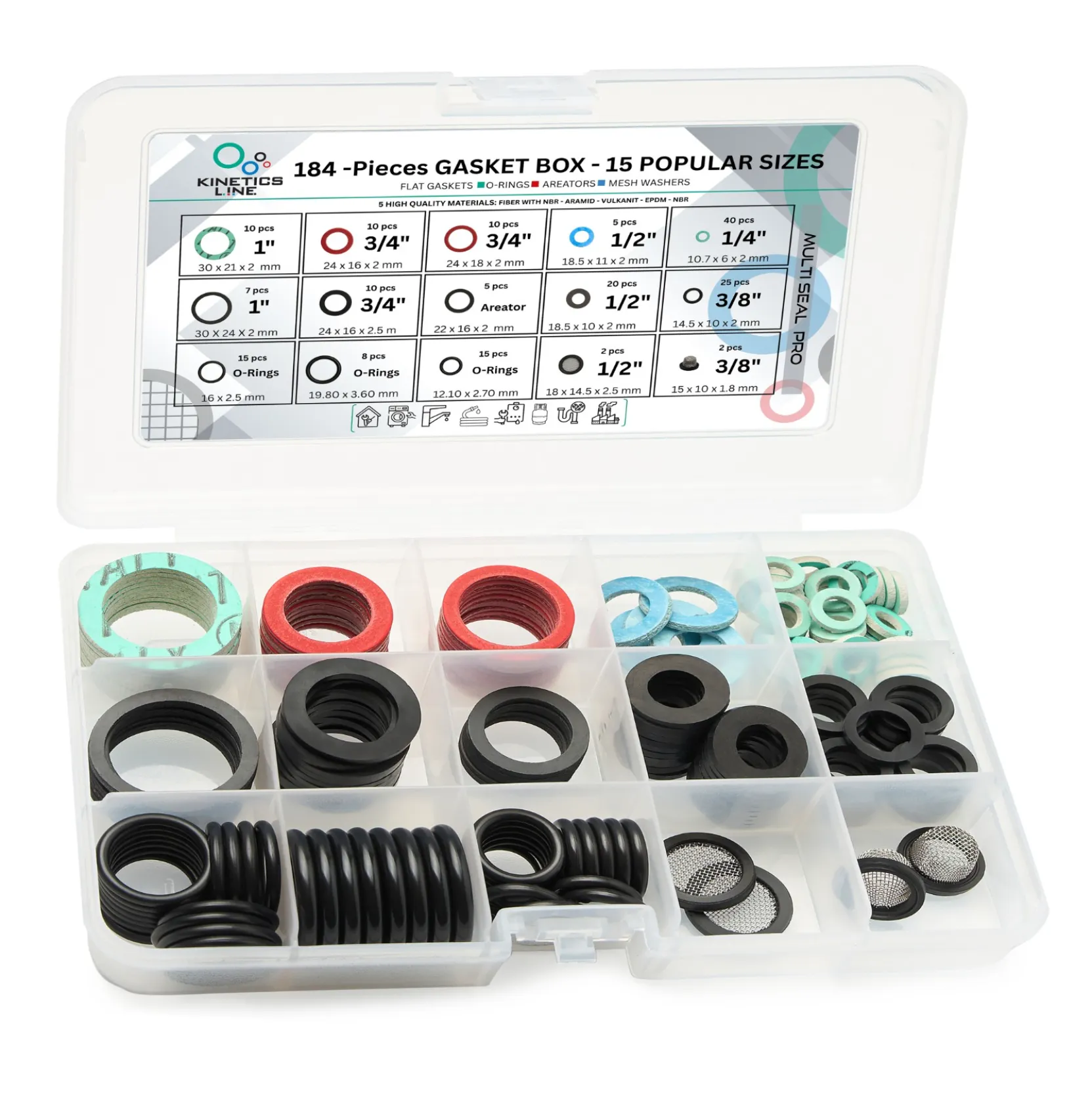 MultiSeal Pro 184-piece household seal kit — open box showing all compartments